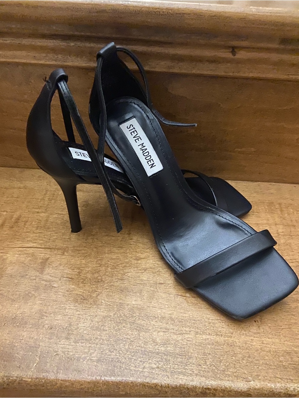 Steve Madden Black Leather Square-Toe Strappy Heels